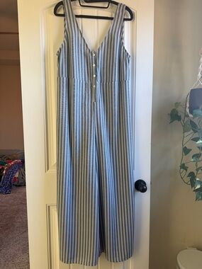 Show Me Your MuMu Blue and White Striped V-Neck Jumpsuit